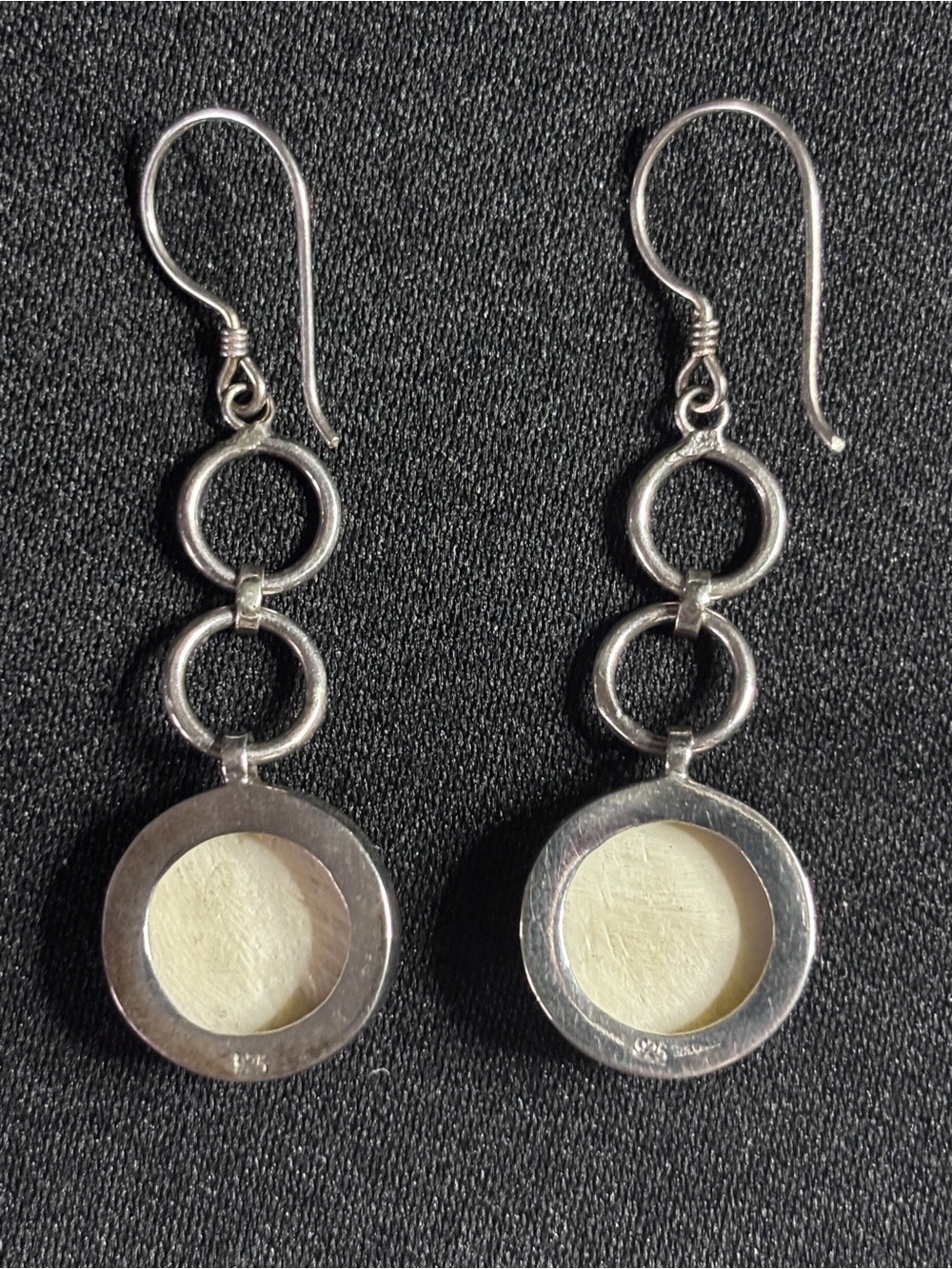 Silver 925 Cream Full Moon Face Goddess Hooks And Linked Rings Dangle Earrings - Picture 3 of 7
